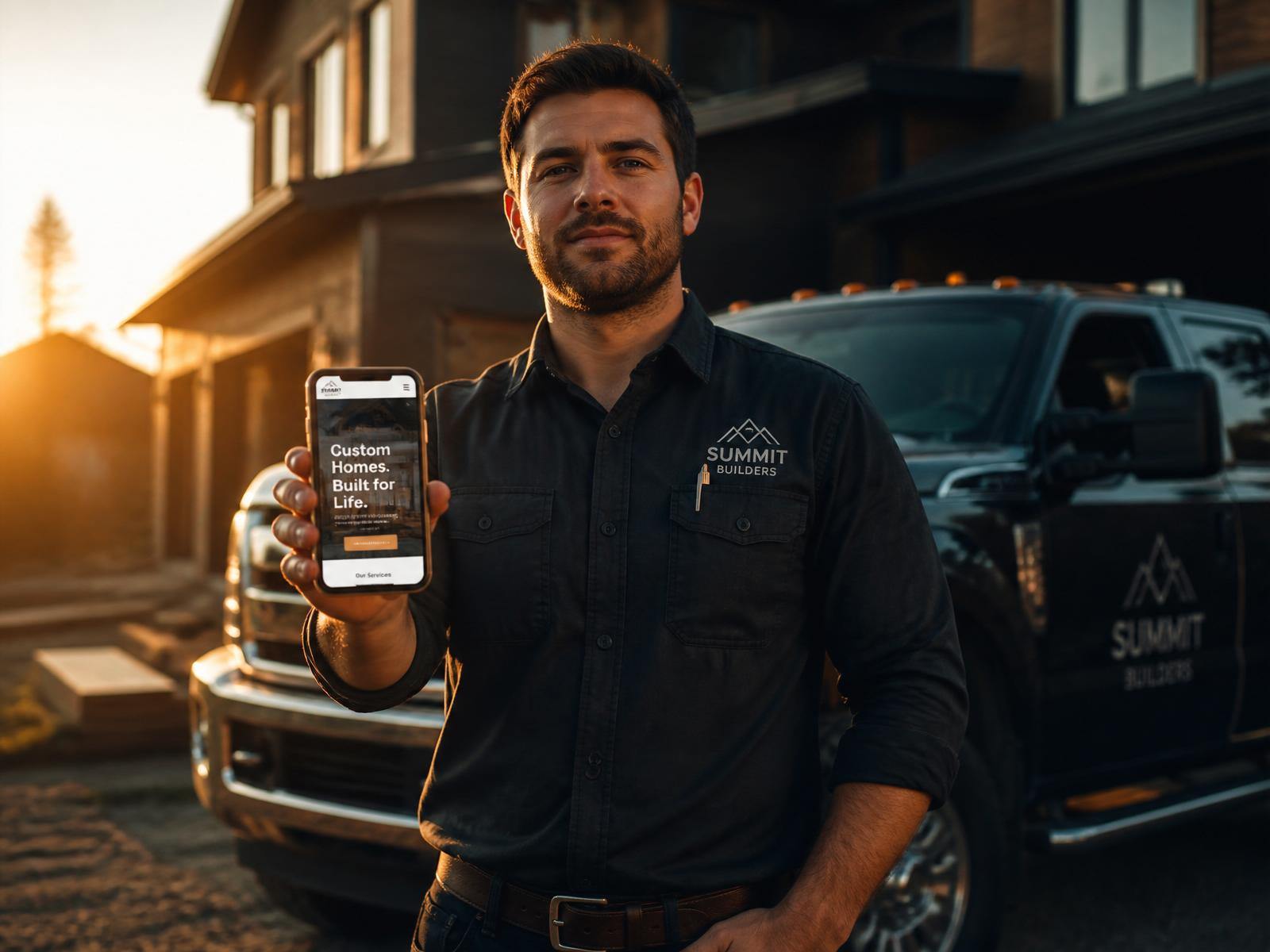 Contractor holding a phone with their new website next to their branded work truck